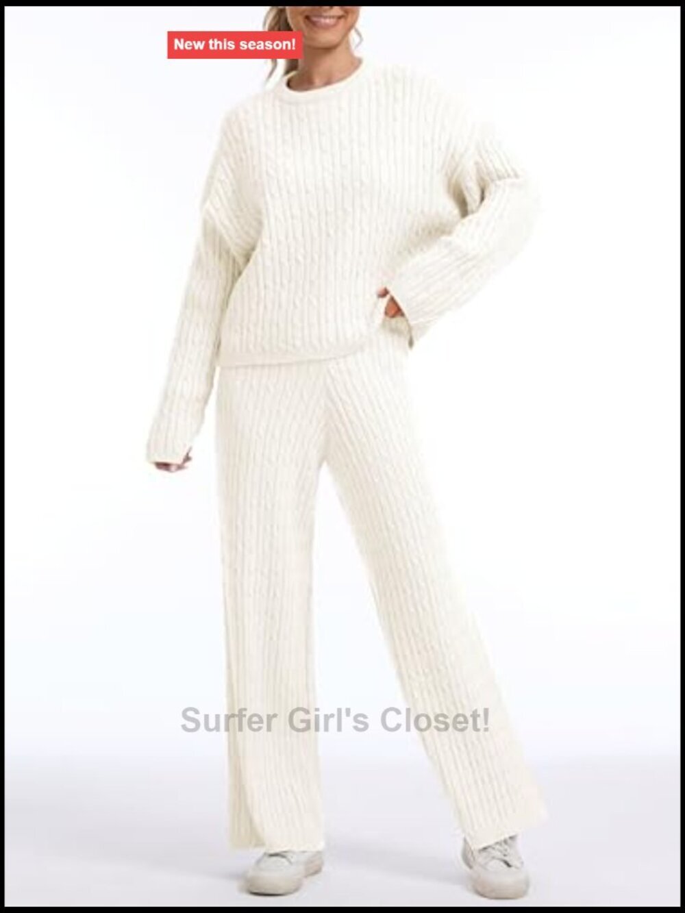 Cable Knit Sweater Lounge Set with Wide Leg Pants - Picture 2 of 7